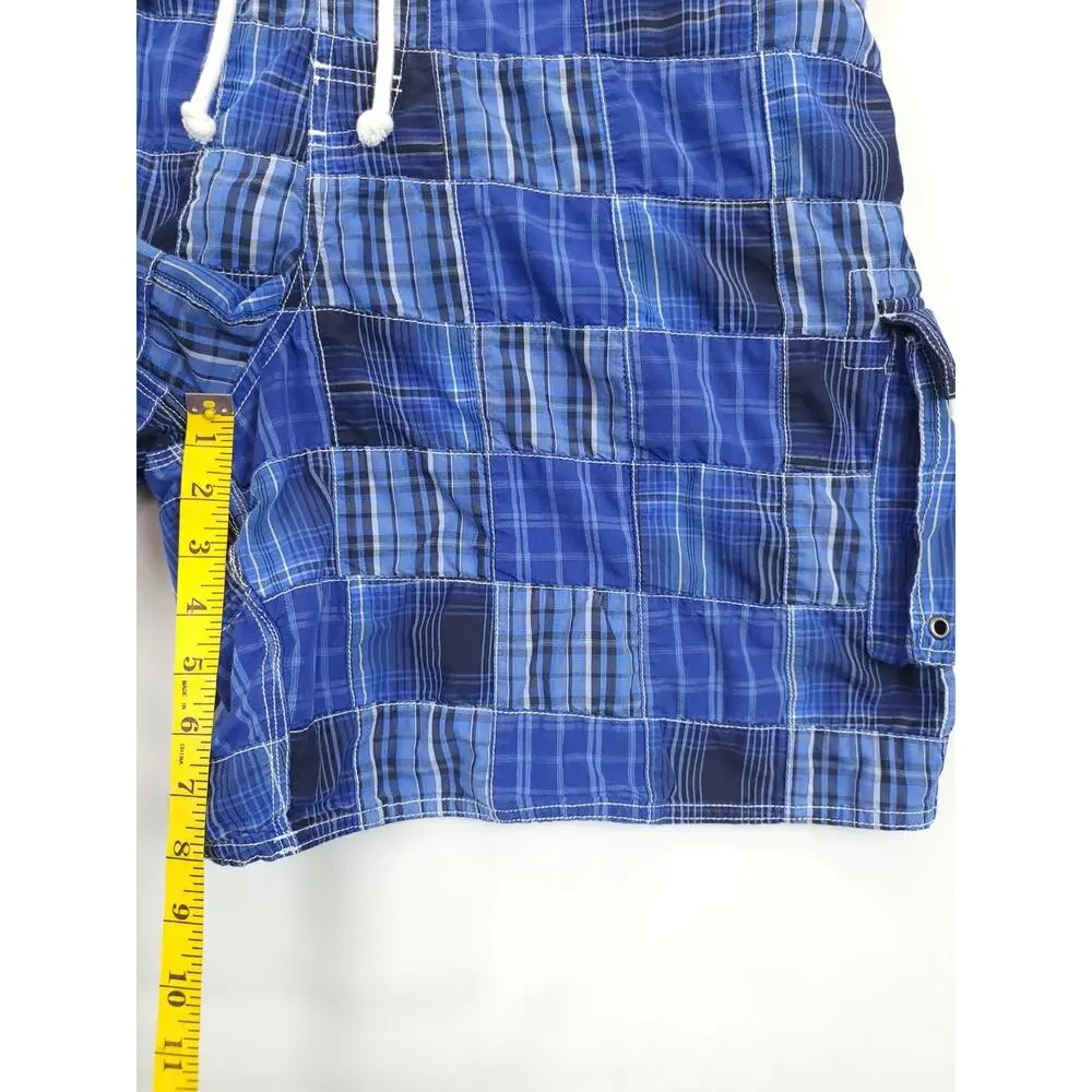 RoundTree & Yorke Cargo Board Shorts Blue Plaid Drawstring Mesh Lined Men XL